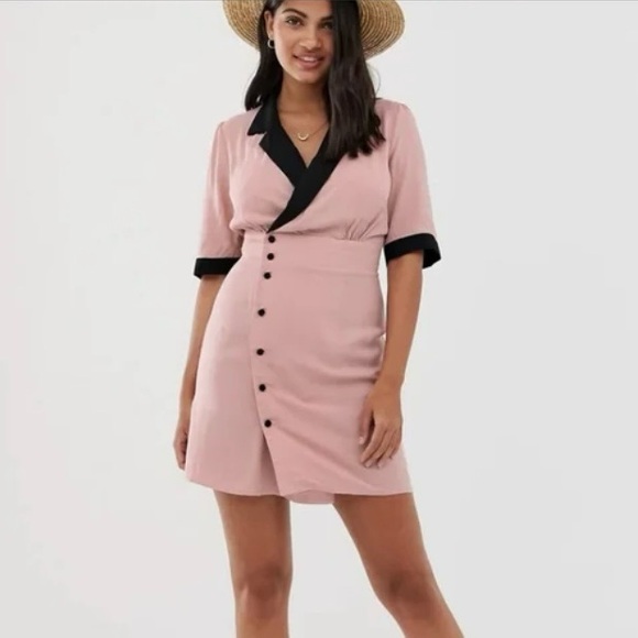 ASOS Retro Pink & Black Contrast Collar Button Half Sleeve Wrap Mini Dress UK 6 - Picture 4 of 16